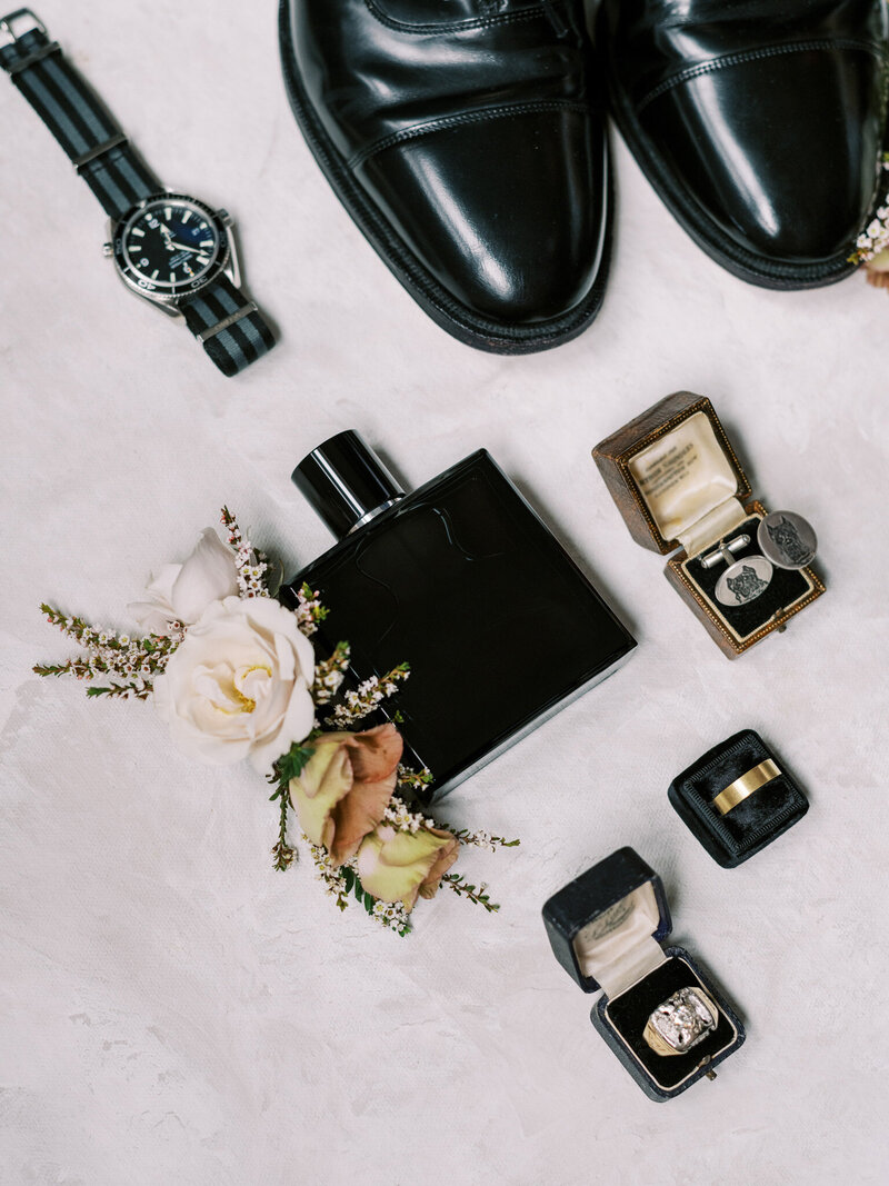 Luxury wedding grooms accessories flat lay
