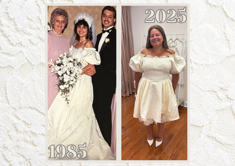 vintage photo of a bride and groom smiling at each other, the bride in a long-sleeved lace gown with a bouquet and veil, and the groom in a dark suit with a ruffled shirt and flower boutonniere