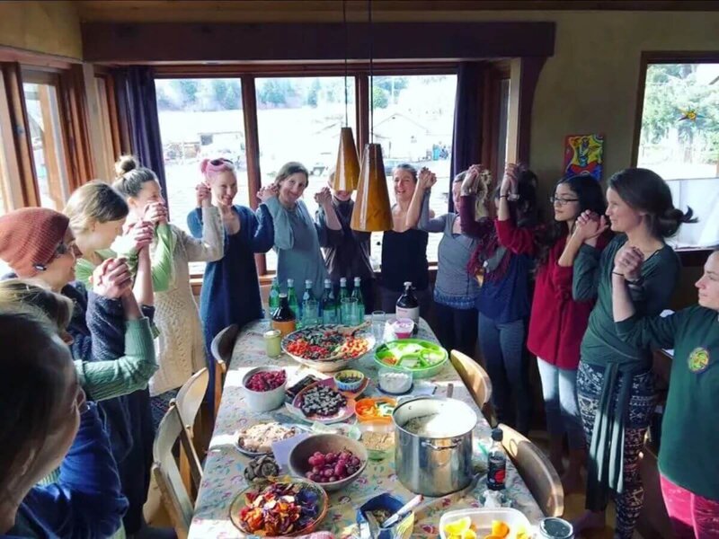 Students sharing chakra-themed potluck during therapeutic yoga teacher training California