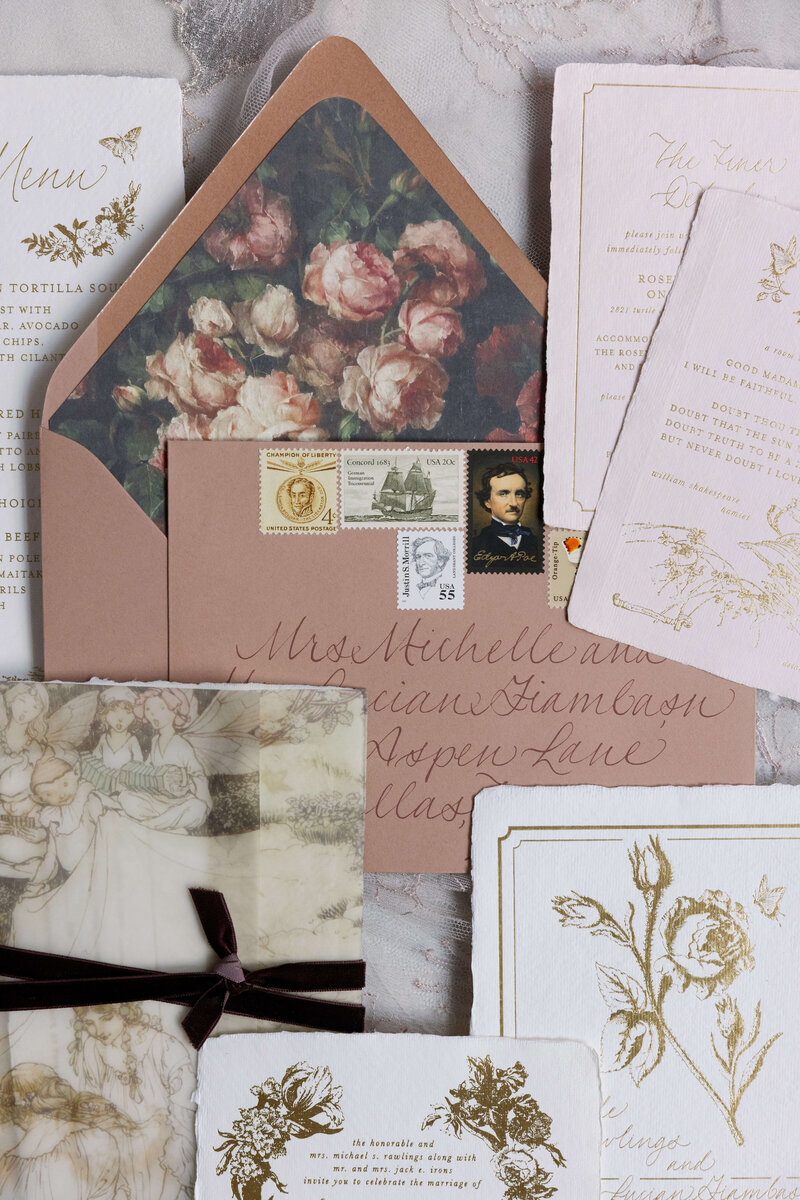 Oil painting floral envelope liner with gold foil invitations for a wedding in Houston