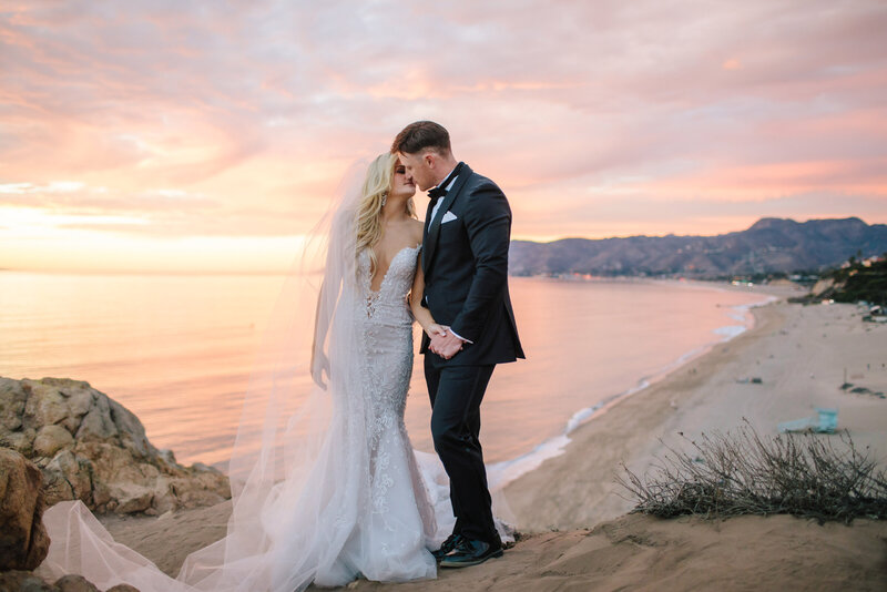 bride and groom at beach