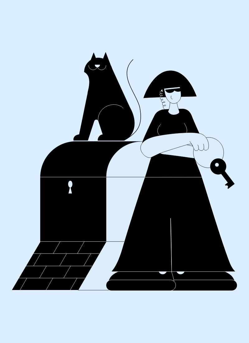 Illustration woman standing proudly with  key next to a locked chest with a cat sitting on top
