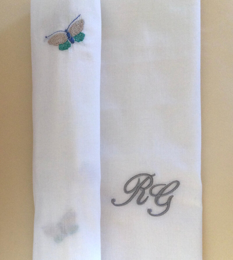 Chèche papillon  Blanc- Broderie Gris & turquoise