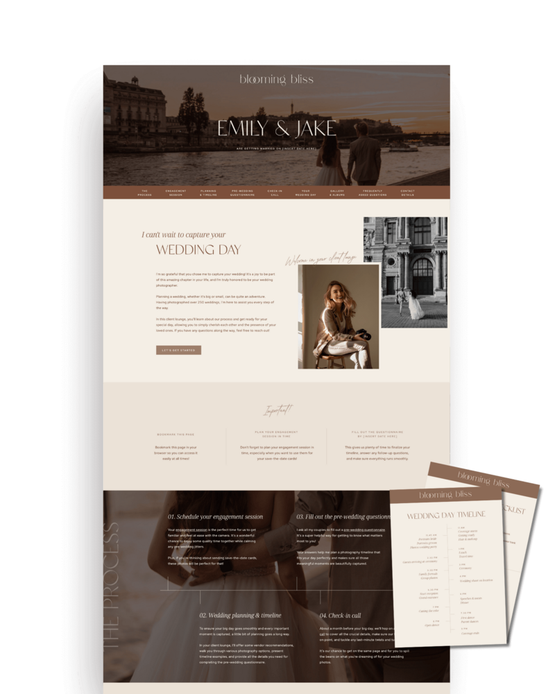 Showit Wedding Client Lounge template for wedding photographers