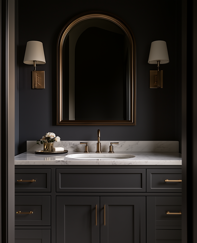 huntandgathergoods_A_dark_gray_vanity_with_a_white_marble_top_a_01895dd0-4acd-45e0-b380-ed265db6e9a1