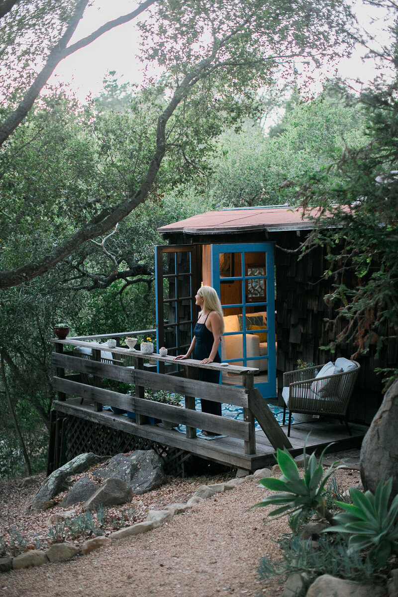 Dr. Diana Hill, ACT Psychologist Leadership Coach, podcasting inside of Thich Nhat Hahn's hut