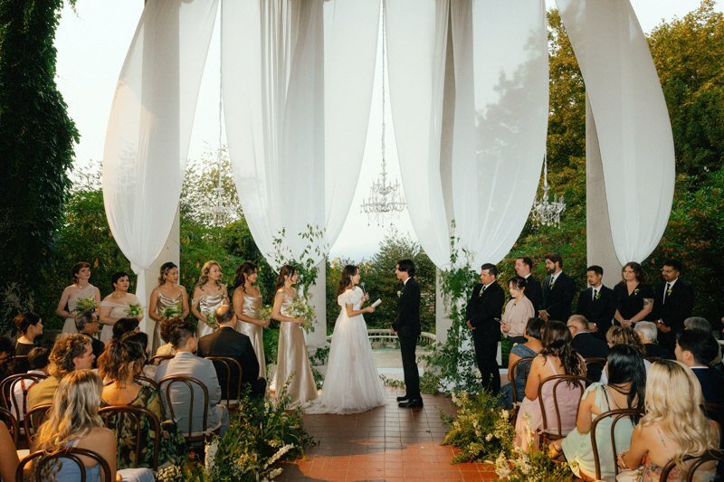 wedding ceremony at hycroft manor decorated with drapery