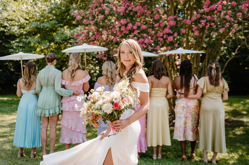 mismatched bright colored bridesmaids