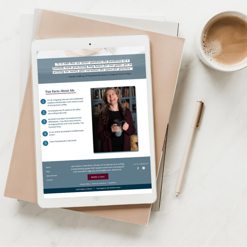 Rebecca Pickens about page mockup on ipad that is laying on top of books on a table with coffee and pen