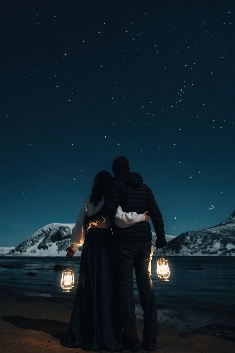 Couple embracing under a starry sky during winter