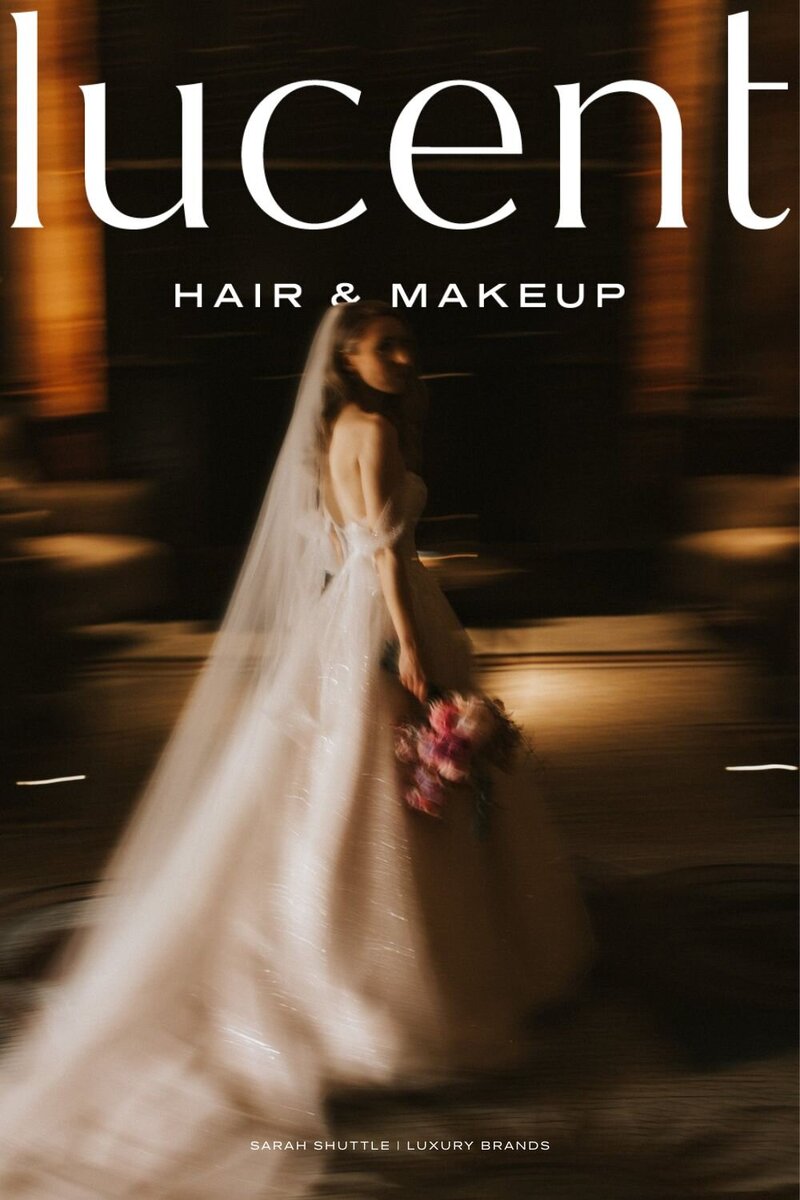 Lucent logo mockup placed over an editorial bridal photograph to show the warm, modern aesthetic of the brand.