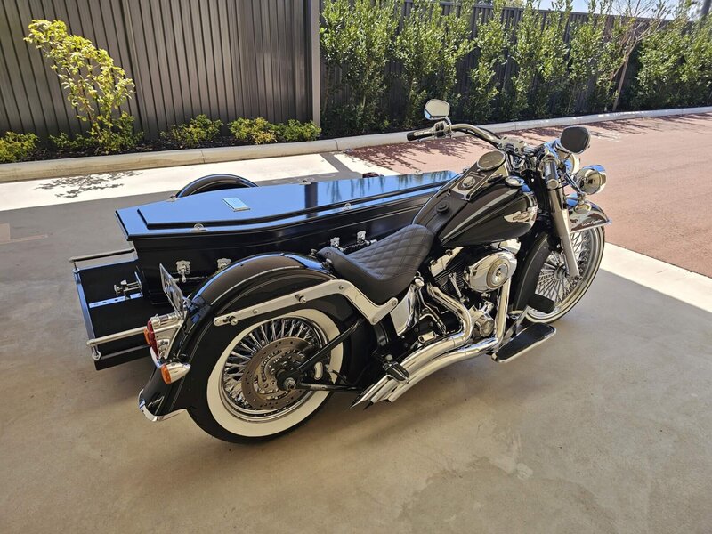 Harley Davidson motorcycle hearse in Perth, available for unique funeral services across Western Australia.