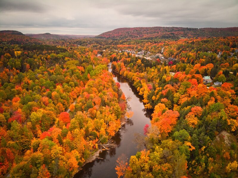 Quebec foliage view of river from drone view