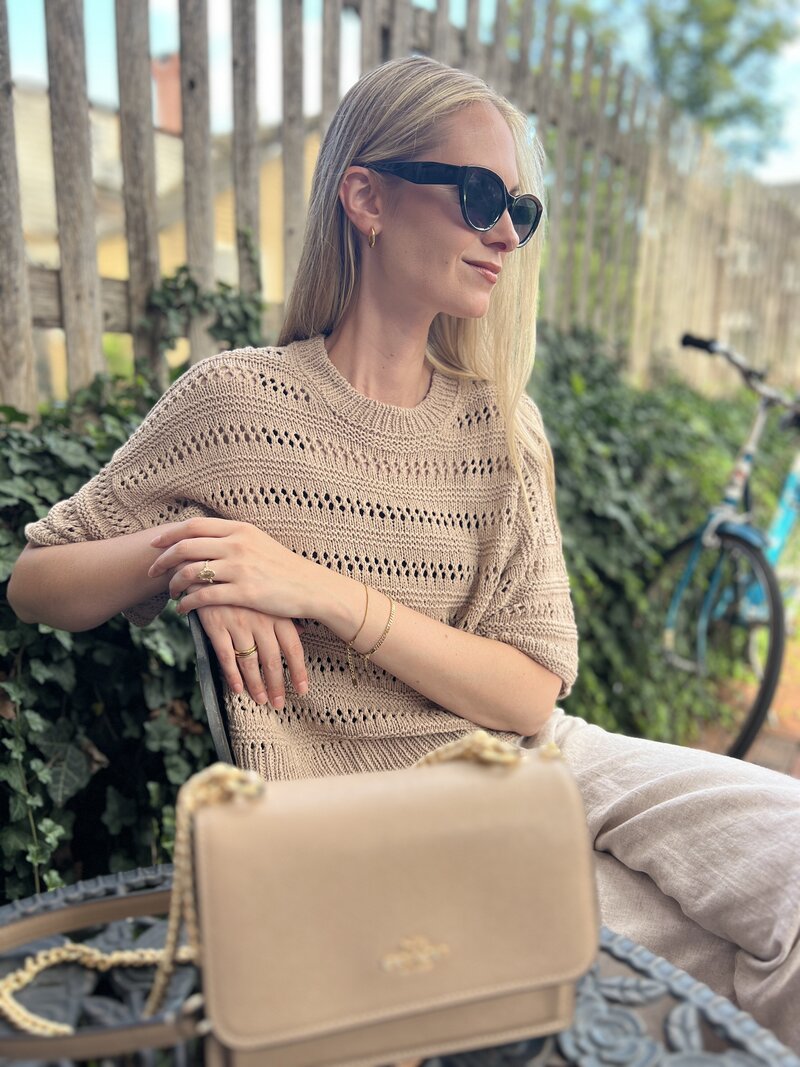 Lexie Dane Wearing Lacey Loop Tee out and about