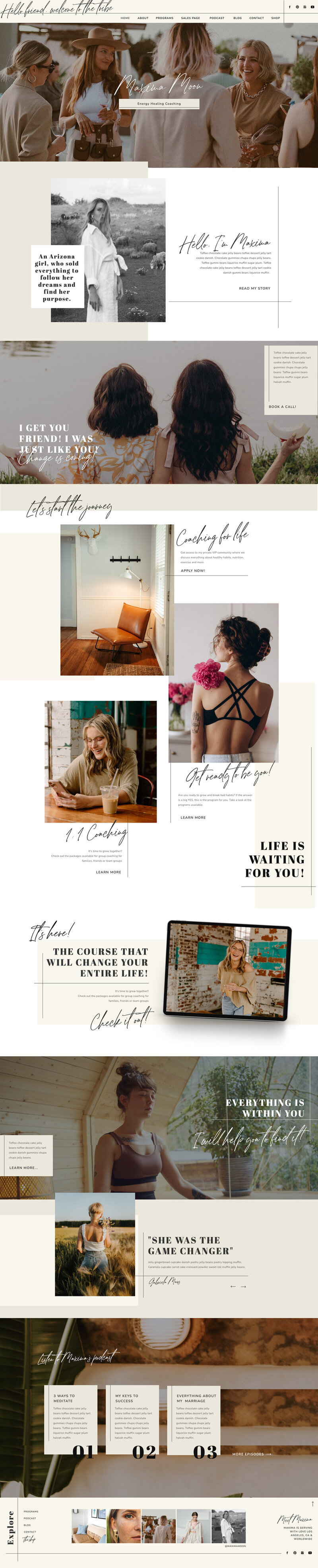 Desktop preview of the Maxima Showit template, featuring a boho, modern editorial design perfect for creatives looking for a minimalist yet stylish website