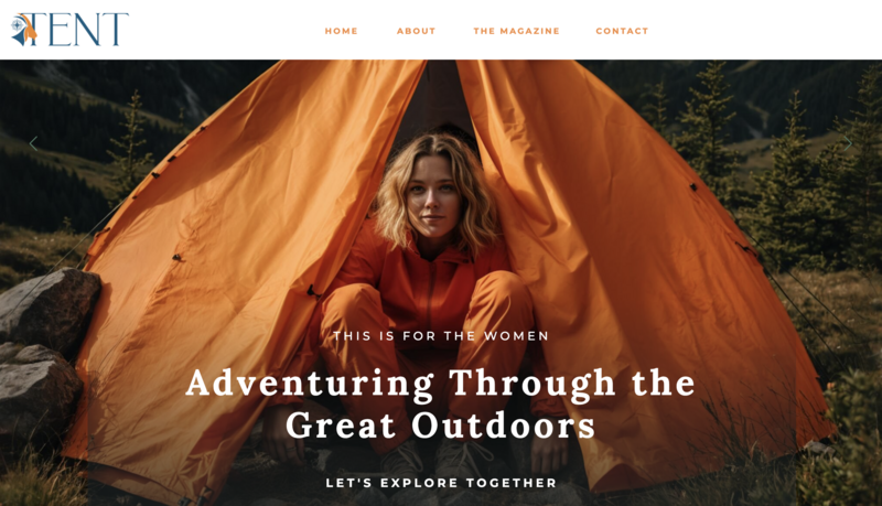 Homepage design for Tent featuring bold outdoor visuals and modern typography, showcasing camping and outdoor lifestyle branding.