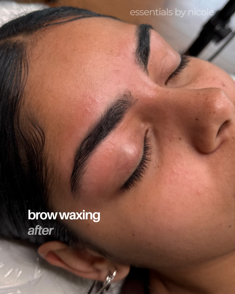 Before and after eyebrow waxing on client with soft, full brows and minimal redness at Essentials by Nicole West Springfield MA