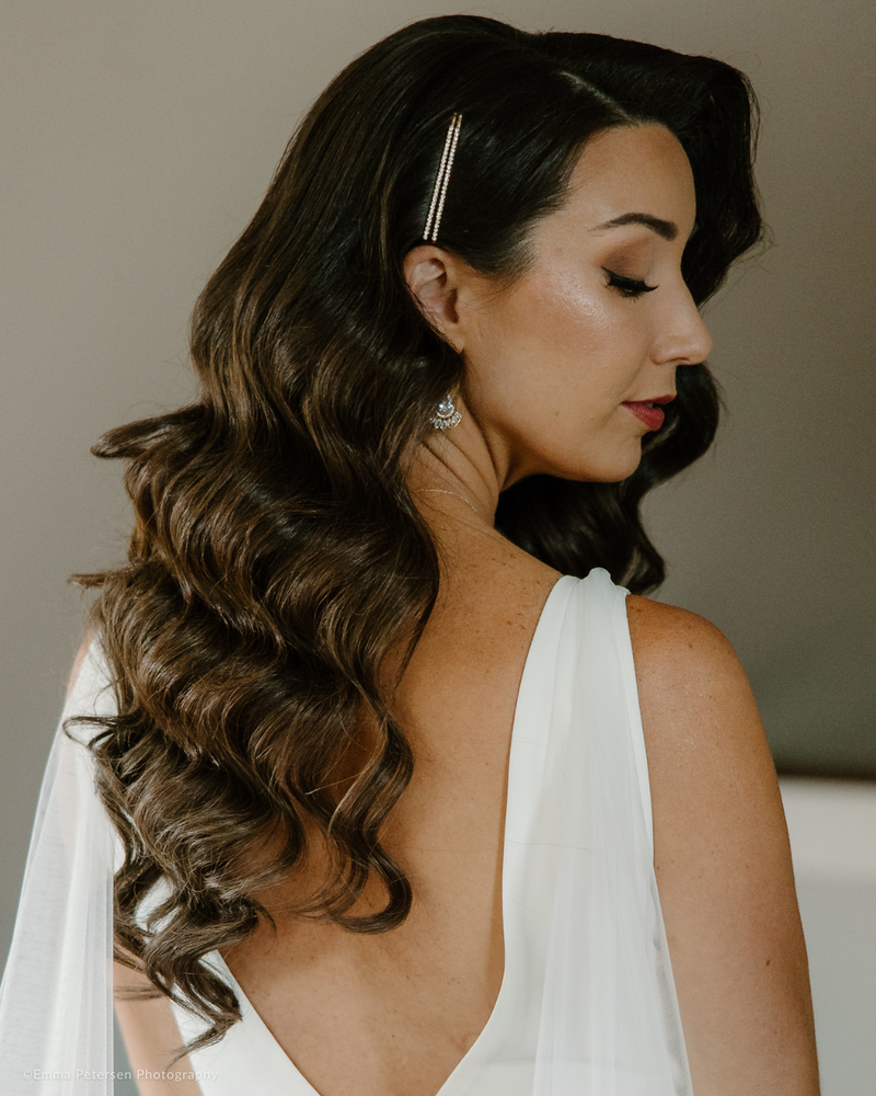 Windy City Glam Bridal Hair and Makeup Brown haired bride with hollywood glam waves hairstyle