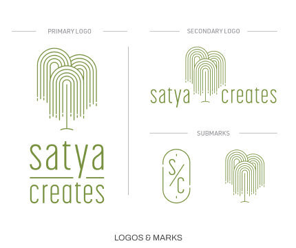 Primary and secondary logo treatments for Satya Creates.  along with two marks (1 and 2) for the same brand.