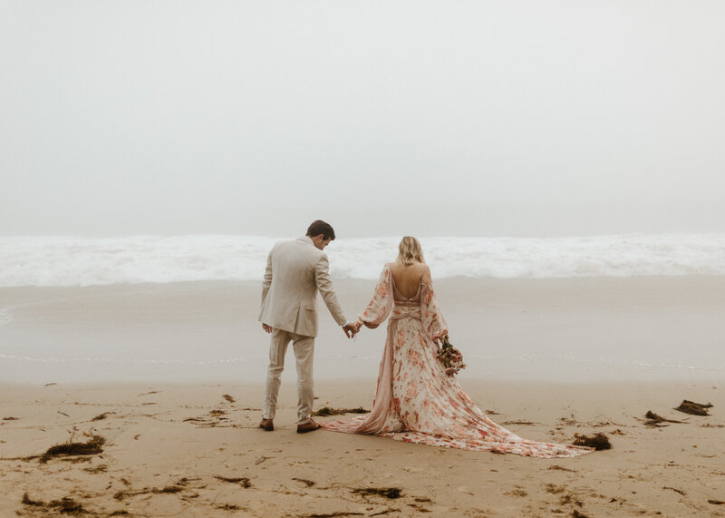 bride and groom at beach wedding in Cannon Beach, OR