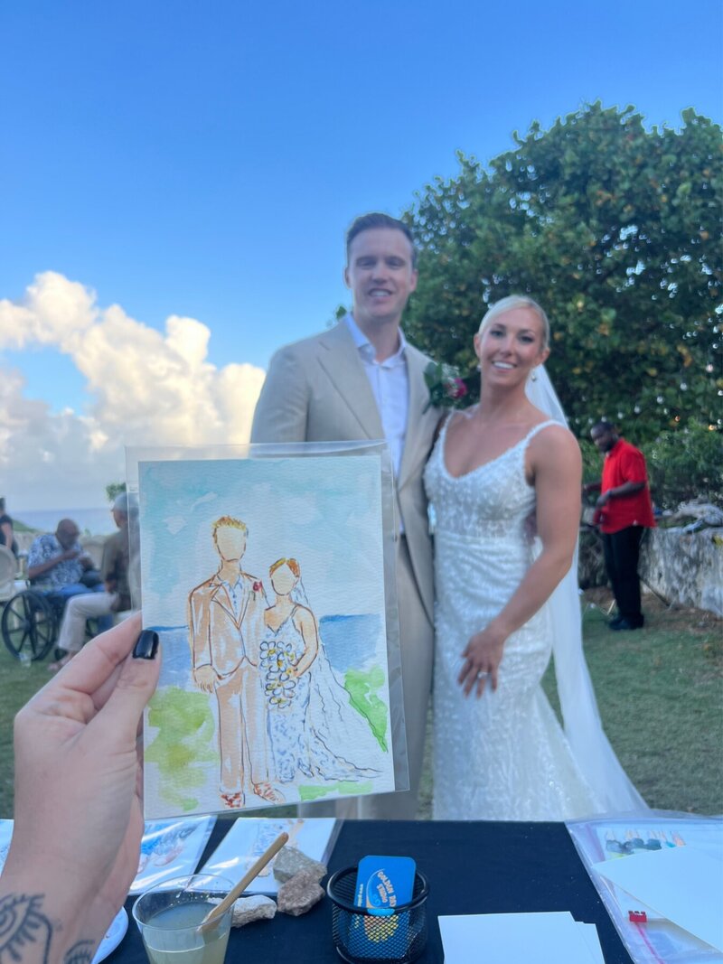 couple at their wedding receiving a guest portrait service