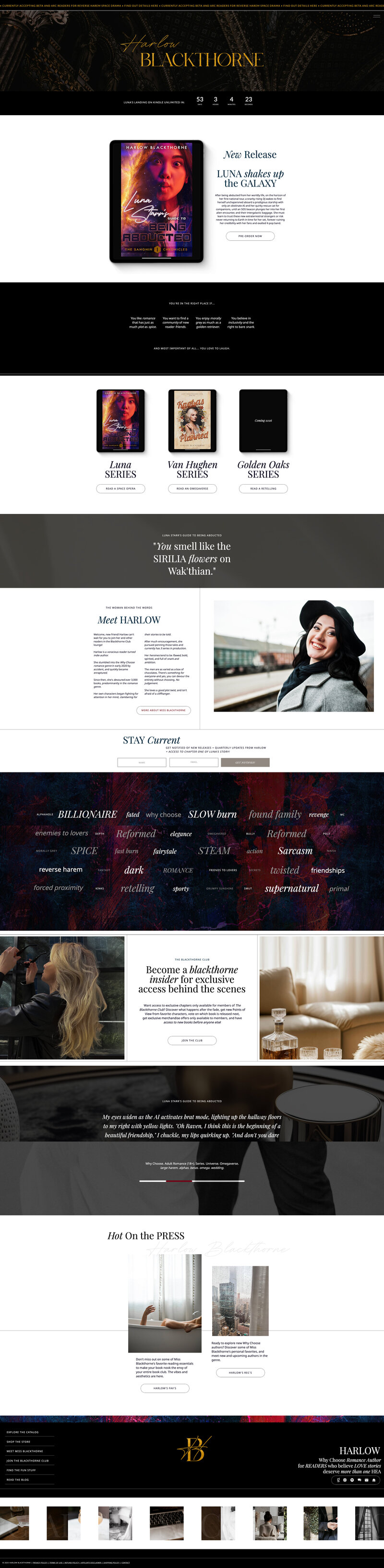 Website home screen capture for indie romance author