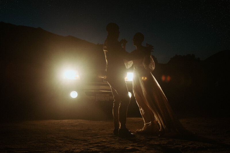 Northern Nevada elopement at Moonrocks at dusk with headlights