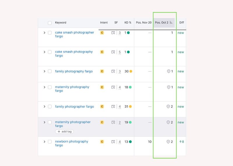 SEO keyword ranking report showing top positions for Fargo photography search terms.