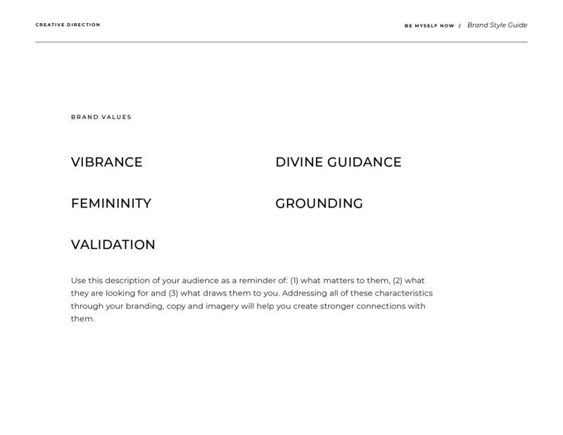 Brand style guide sample page featuring brand values