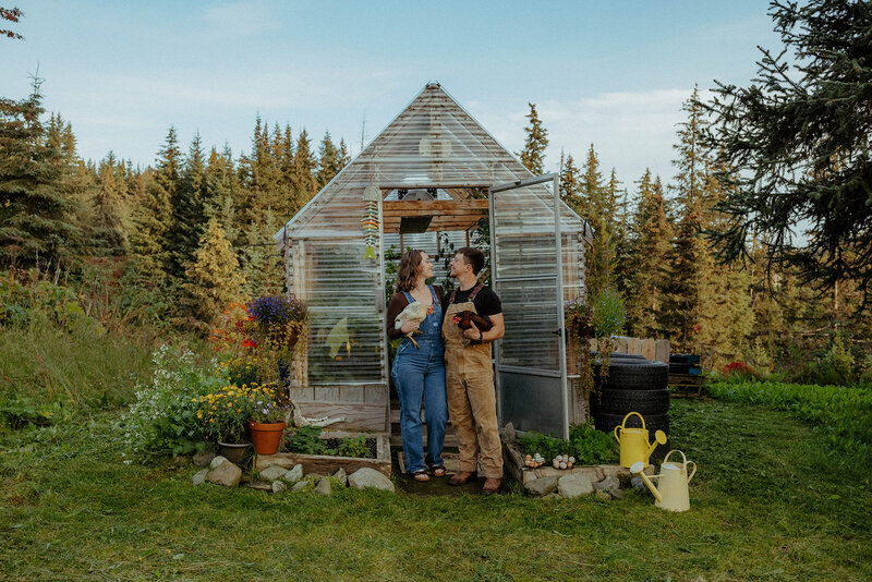 couples photoshoot with their chickens