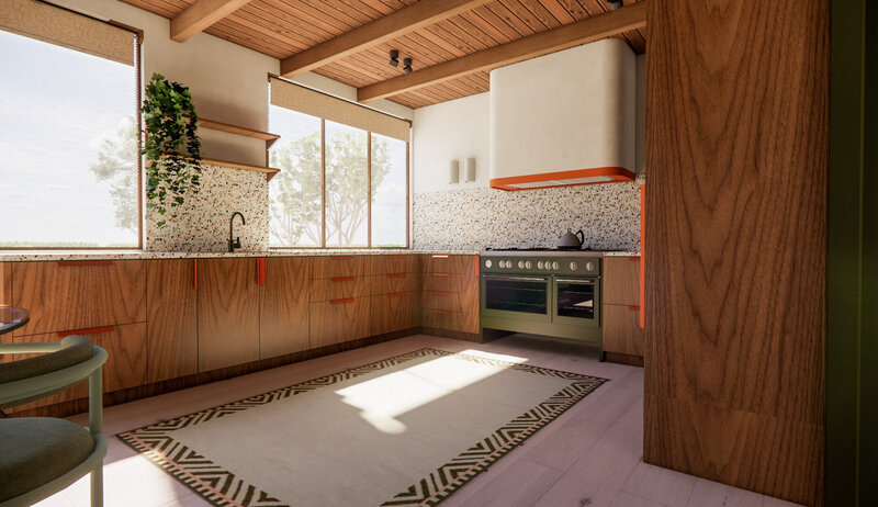 A warm bedroom utilising natural materials and recycled wood.