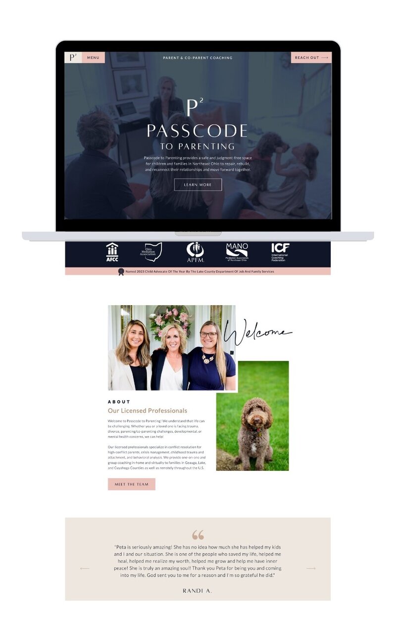 Mock-up of the Passcode to Parenting website on a computer, showcasing a clean, professional, and welcoming design for parents.