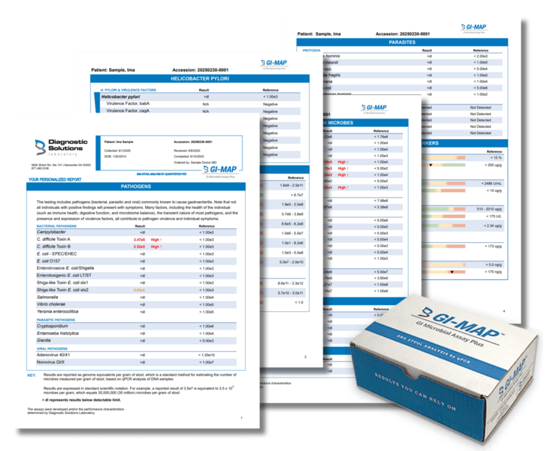 GI-MAP stool test results showing bacterial, parasitic, and viral pathogens used in functional gut health analysis to identify imbalances affecting digestion, hormones, and metabolism.