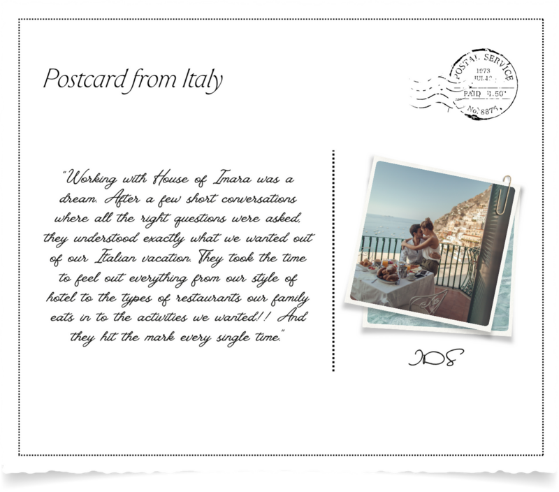 Testimonial postcard from Italy with guest review of a bespoke House of Imara journey.