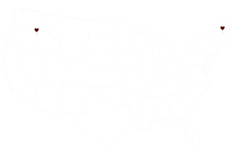 Map outline of the united States with Pins Marking location of Home