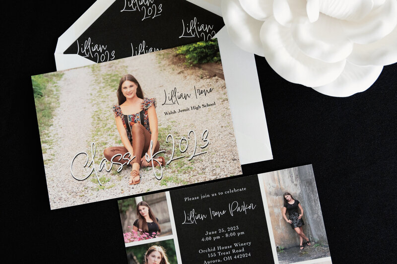 girl in chagrin falls, sitting on ground, custom graduation invitation with matching envelope