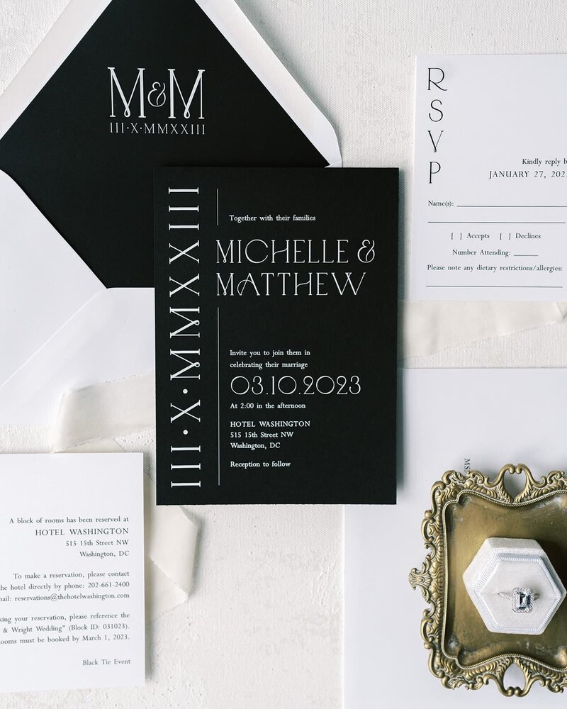 Modern black and white wedding invitation suite, featuring details for a Hotel Washington, D.C. wedding, showcasing sophisticated stationery and event styling for a Washington D.C. wedding florist.