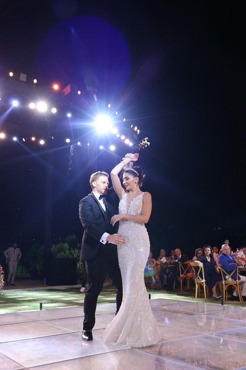 Married couples first dance in unique wedding dance floor