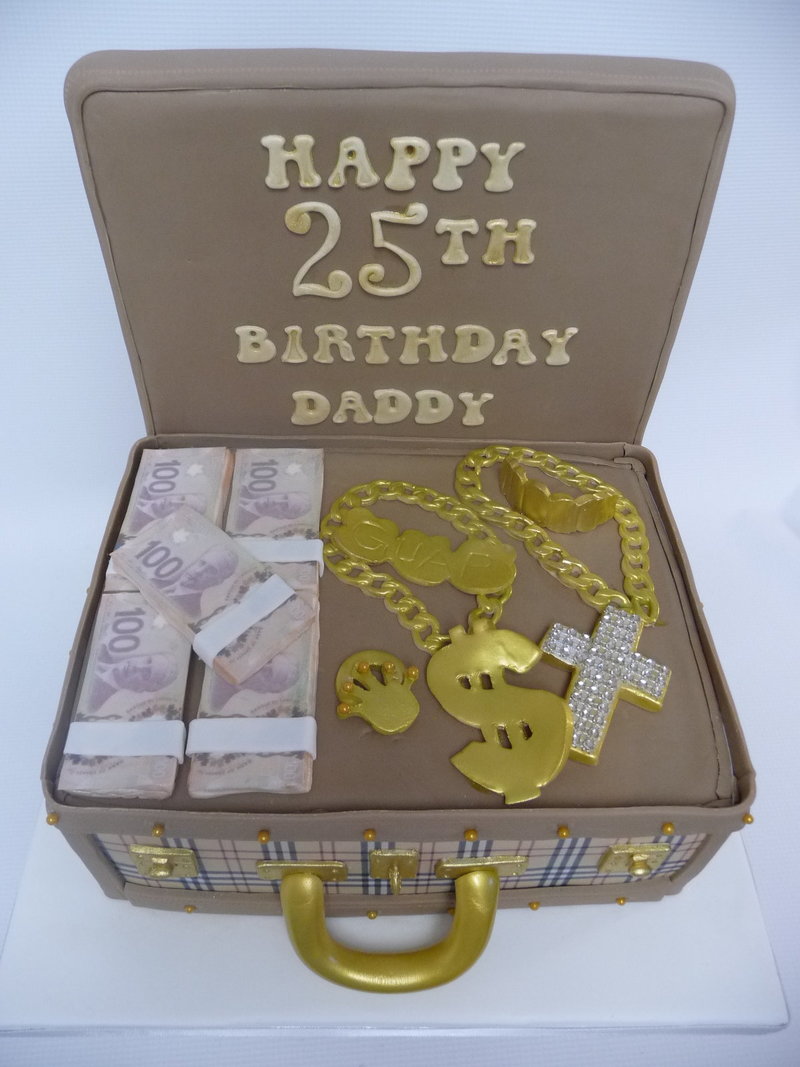 burberry briefcase cake with edible money and jewelry