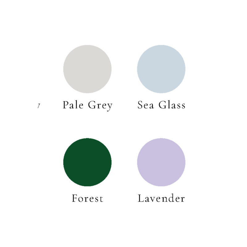 pale grey. sea glass, forest. and lavender
