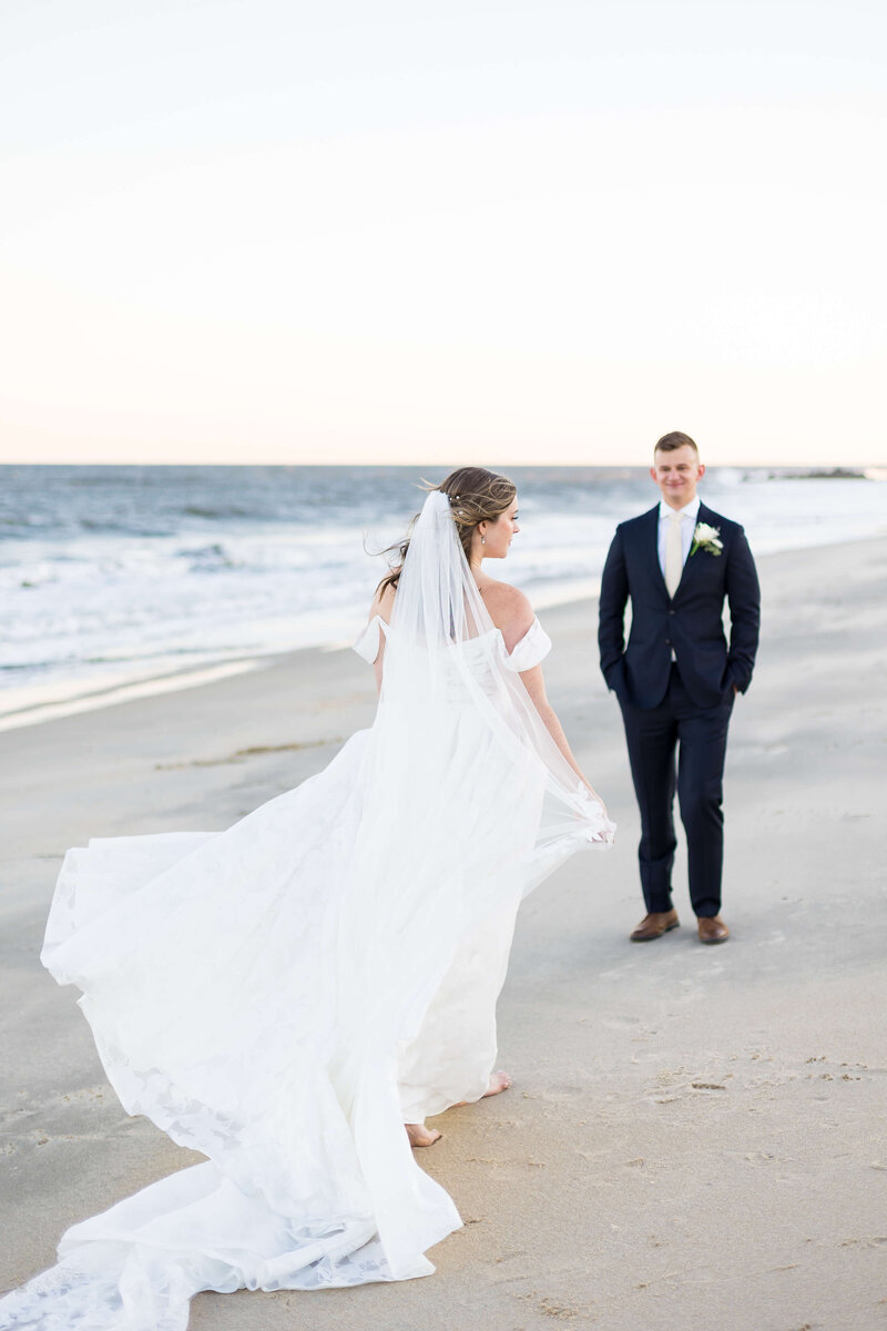Bride and groom on the beach at New Jersey wedding