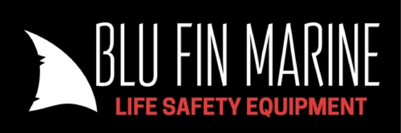 Blu Fin Marine Life safety equipment black and white with red text shark fin logo.