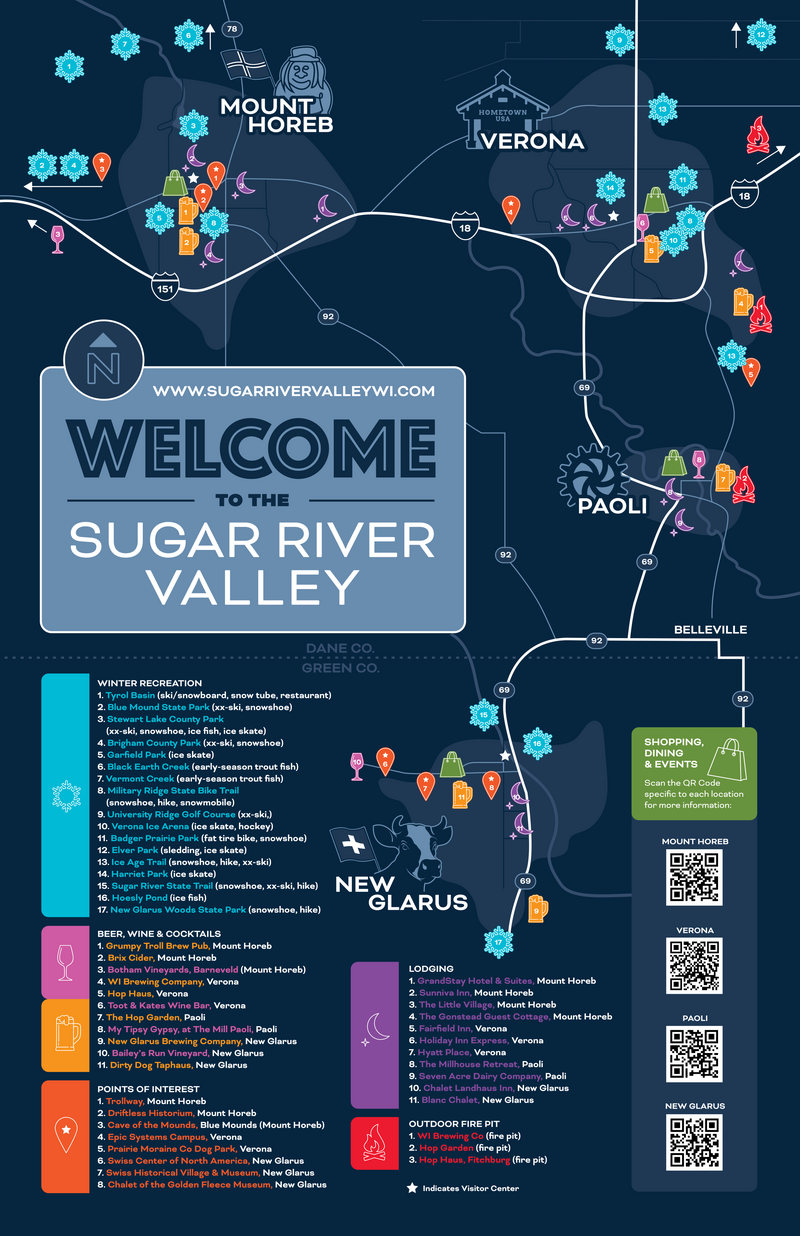 Map of Wisconsin's Sugar River Valley, made up of the communities of Mount Horeb, New Glarus, Verona, and Paoli.
