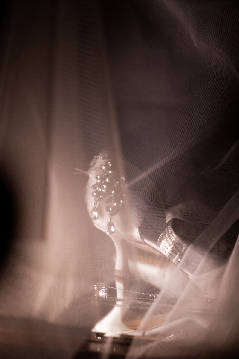 Capture the enchanting detail of this unique wedding photograph featuring a delicate bridal shoe gracefully wrapped in a translucent veil. This image highlights the intricate designs of both the shoe and the veil, evoking a sense of bridal elegance and thoughtful preparation. Perfect for brides-to-be seeking inspiration for their own wedding day accessories or anyone who appreciates the artful combination of traditional wedding elements.