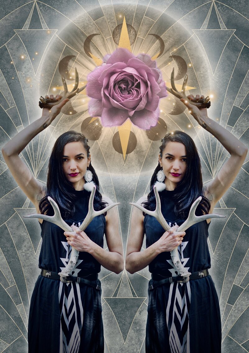 Alchemy Queen holding deer antlers in symmetrical collage art, a glowing rose surrounded by moon phases above. 