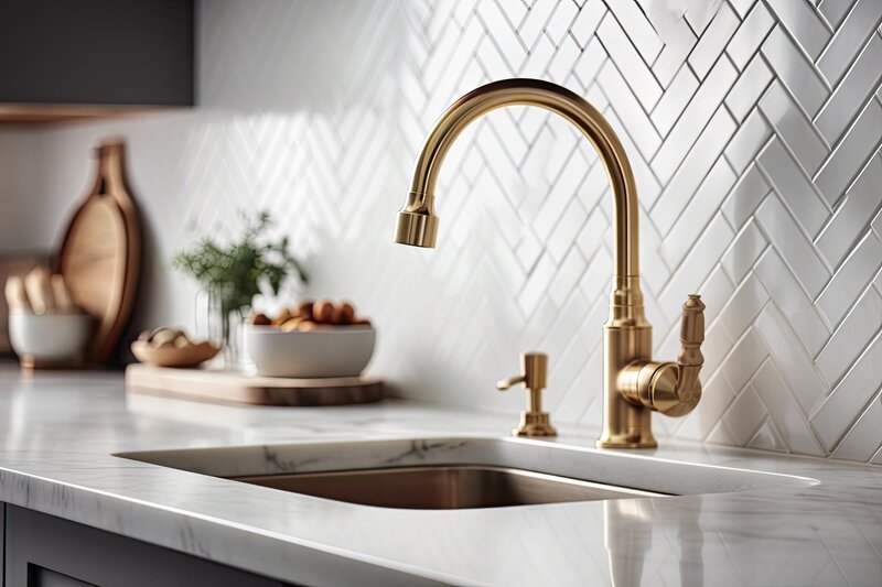 Modern kitchen design with unique tile backsplash.