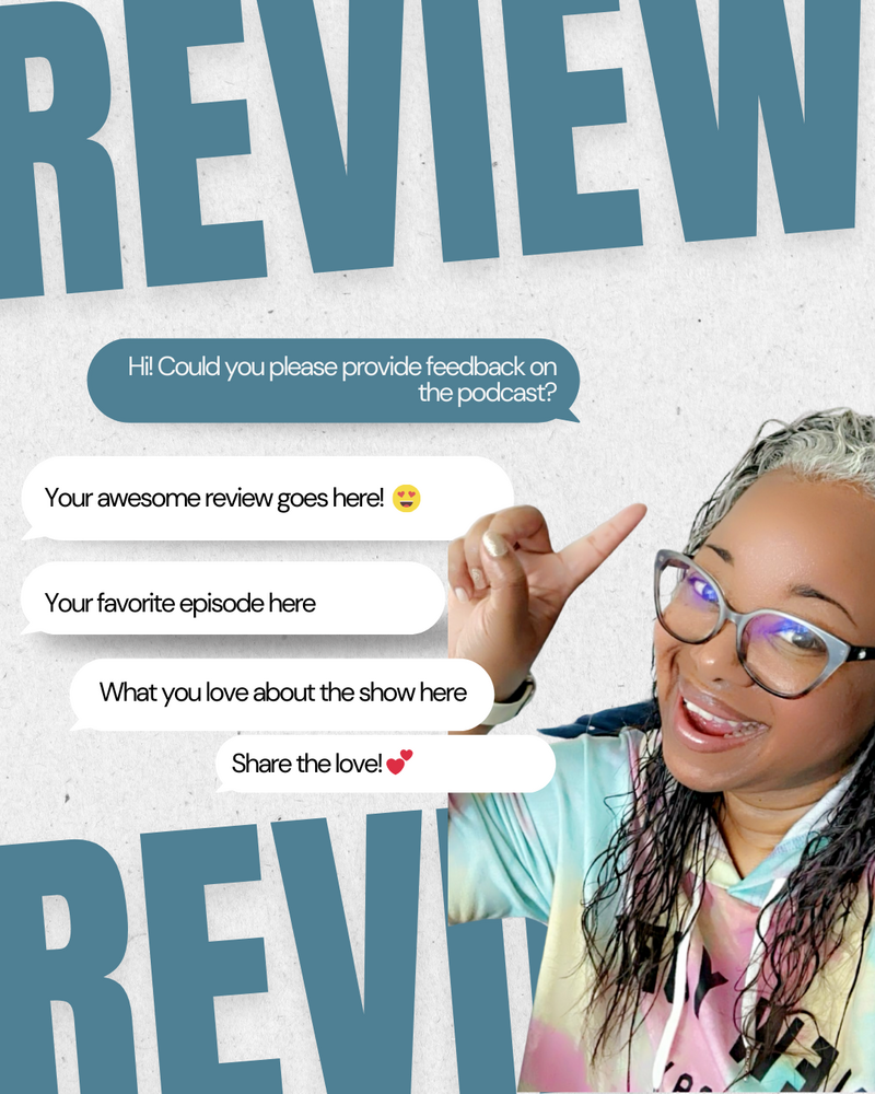 Letitia Hopkins smiling and pointing up to text that says 'Review,' inviting listeners to leave a review for the Confident & Empowered Podcast as part of her life, love, and relationship coaching work rooted in self-love, confidence, and Main Character Energy.