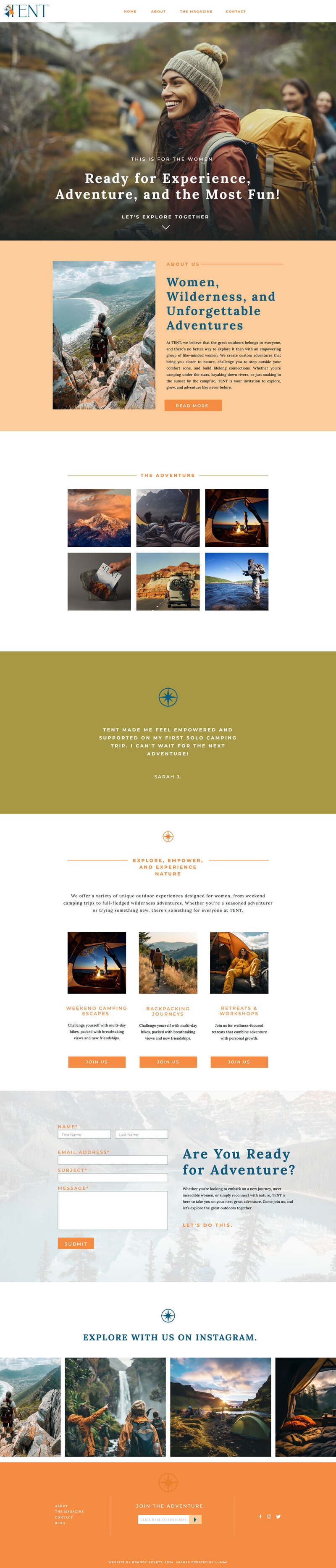 Homepage design for Tent featuring bold outdoor visuals and modern typography, showcasing camping and outdoor lifestyle branding.
