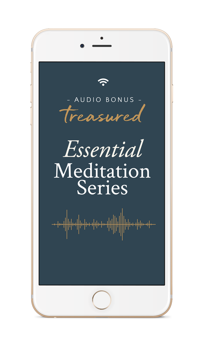 Audio bonus mockup on a phone: Treasured Journal, Essential Meditation Series, guided meditations for anxiety and overwhelm