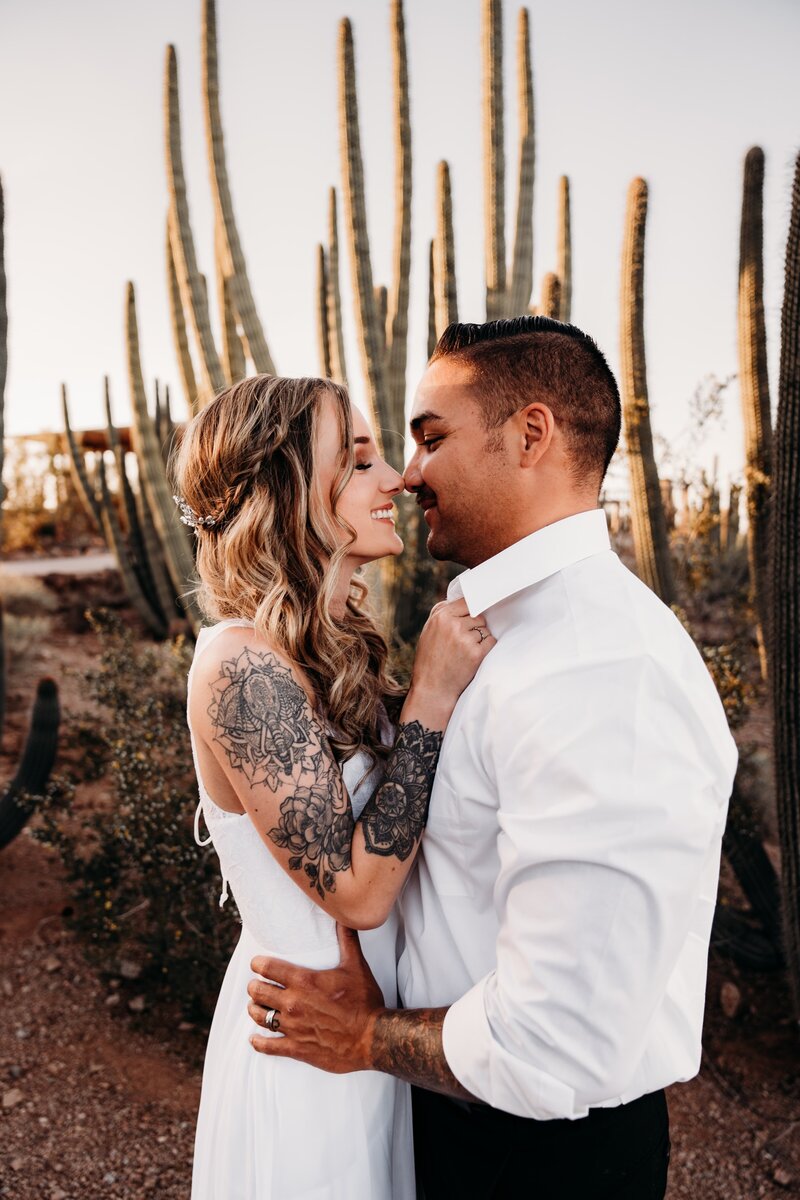 bride and groom embracing in front of cacti